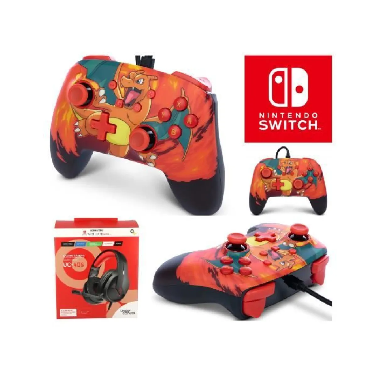 CASQUE SWITCH ROUGE NOIR + Manette filaire SWITCH Pokémon Charizard Vortex Officielle Nintendo Câble USB détachable