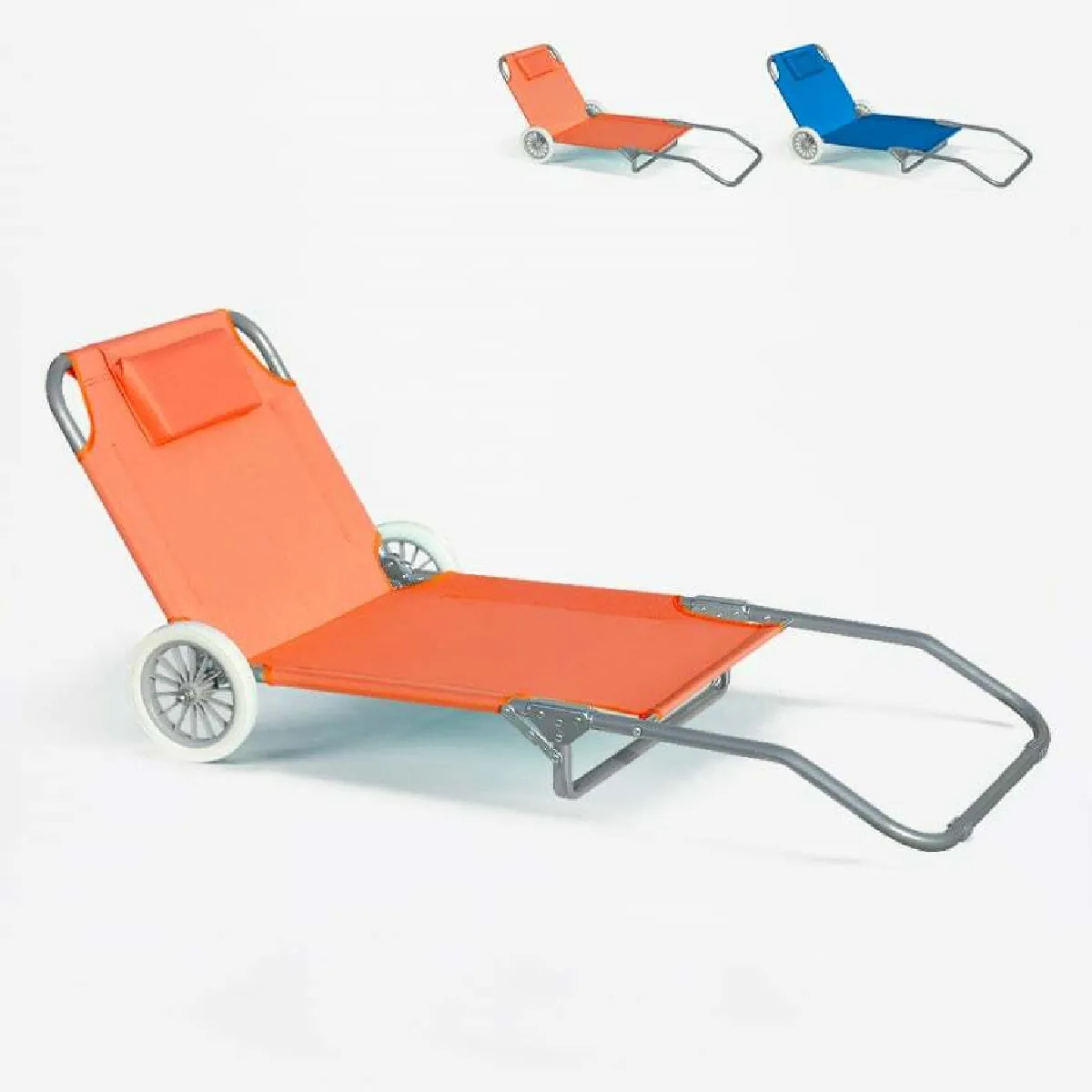 Lit de plage pliant bain de soleil transat piscine portable roues Banana, Couleur: Orange