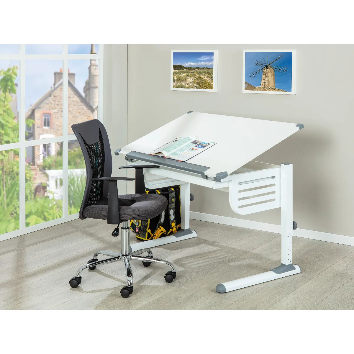 Bureau réglable en hauteur avec étagère inclinable, en métal blanc, 110x68x55-78 cm