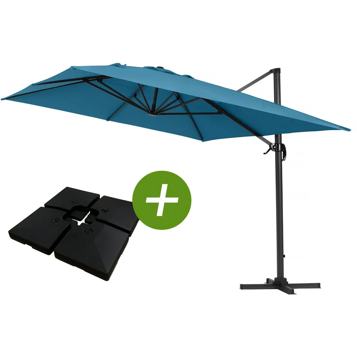 Parasol jardin déporté Alu Sun 4 - Rectangle - 3 x 4 m - Bleu - Dalles à lester incluses