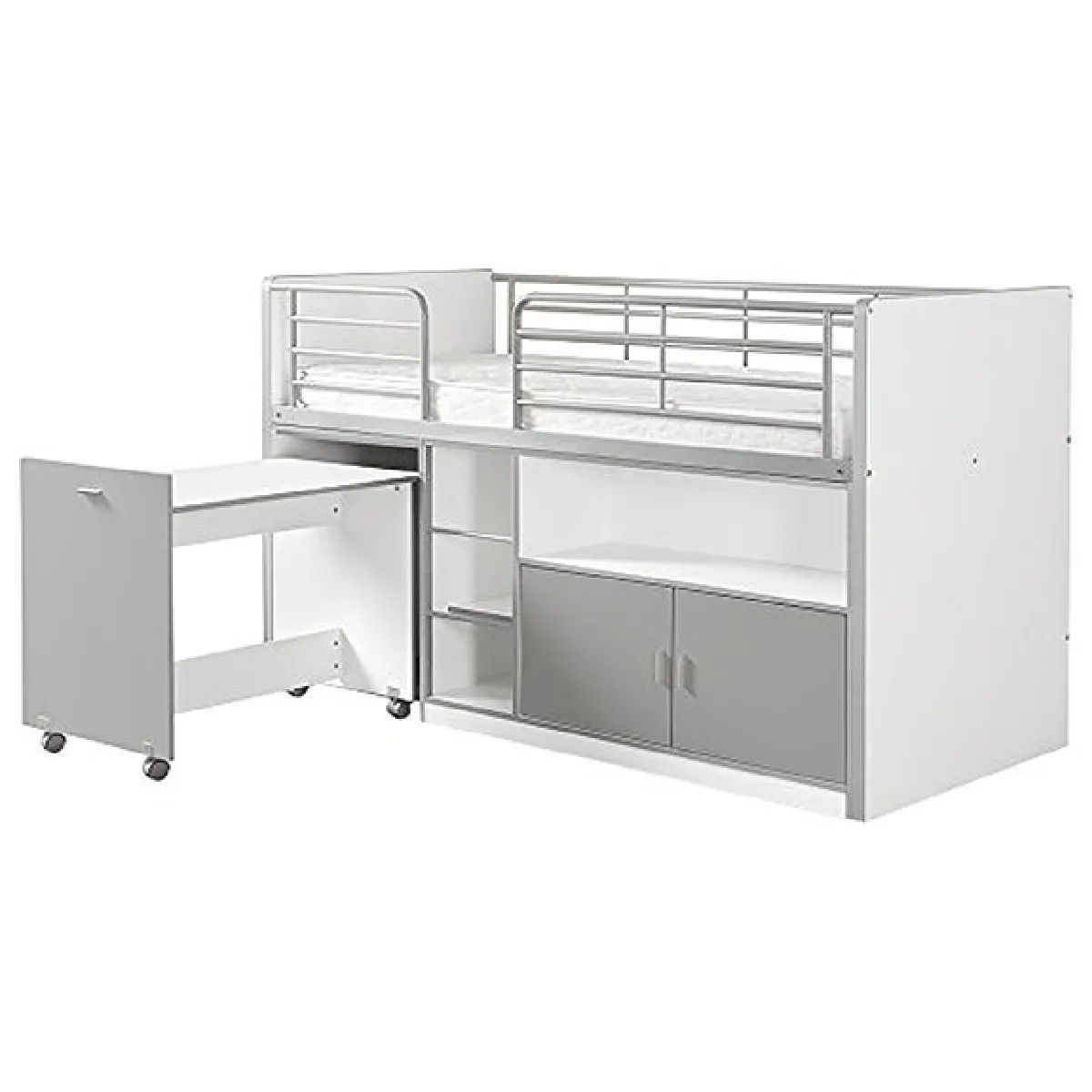 Lit combiné 90x200 cm avec bureau et rangements gris - ASSIA