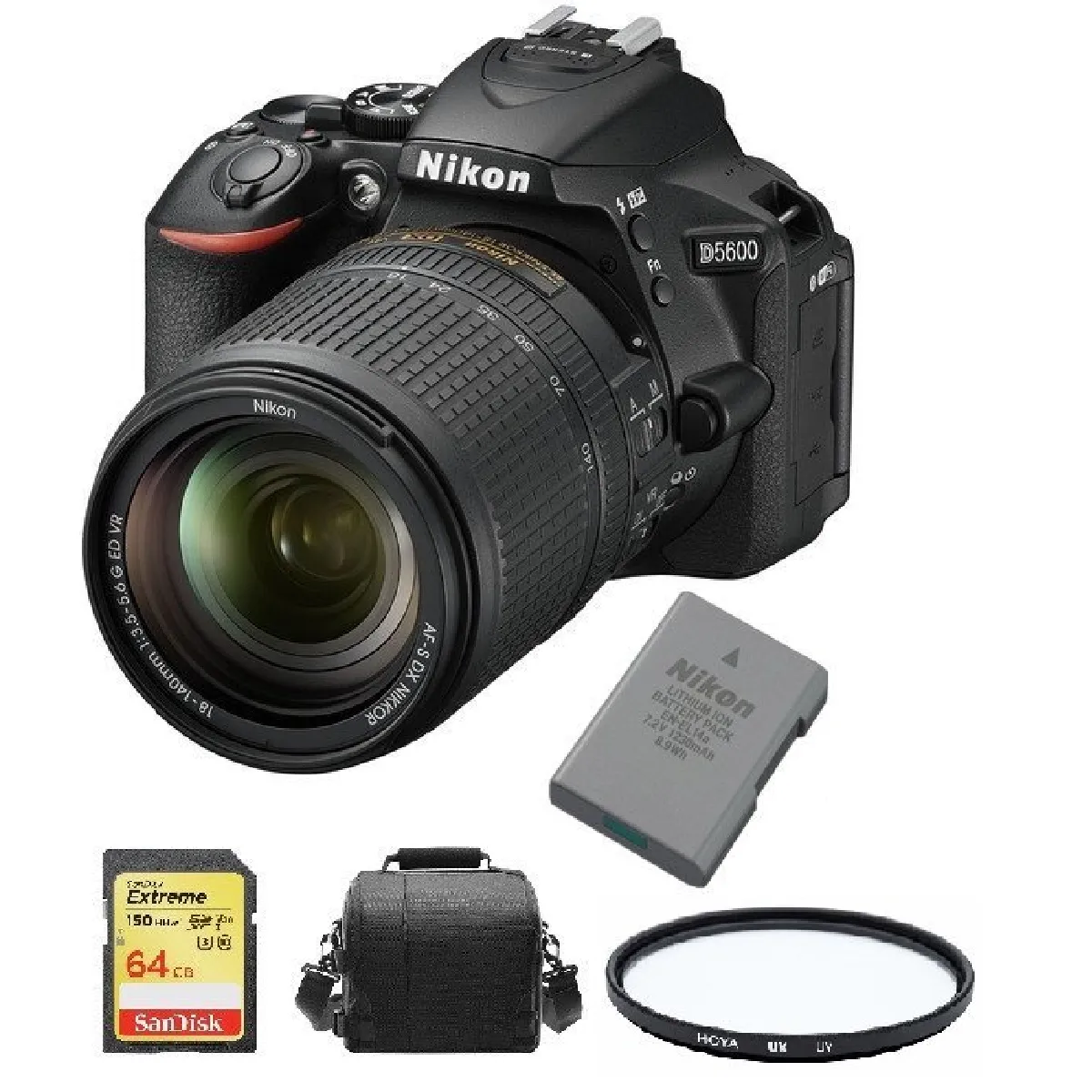 NIKON D5600 KIT AF-S 18-140mm F3.5-5.6G ED VR DX + 64GB SD card + camera Bag + EN-EL14A Battery + HOYA UX UV 67mm Filter