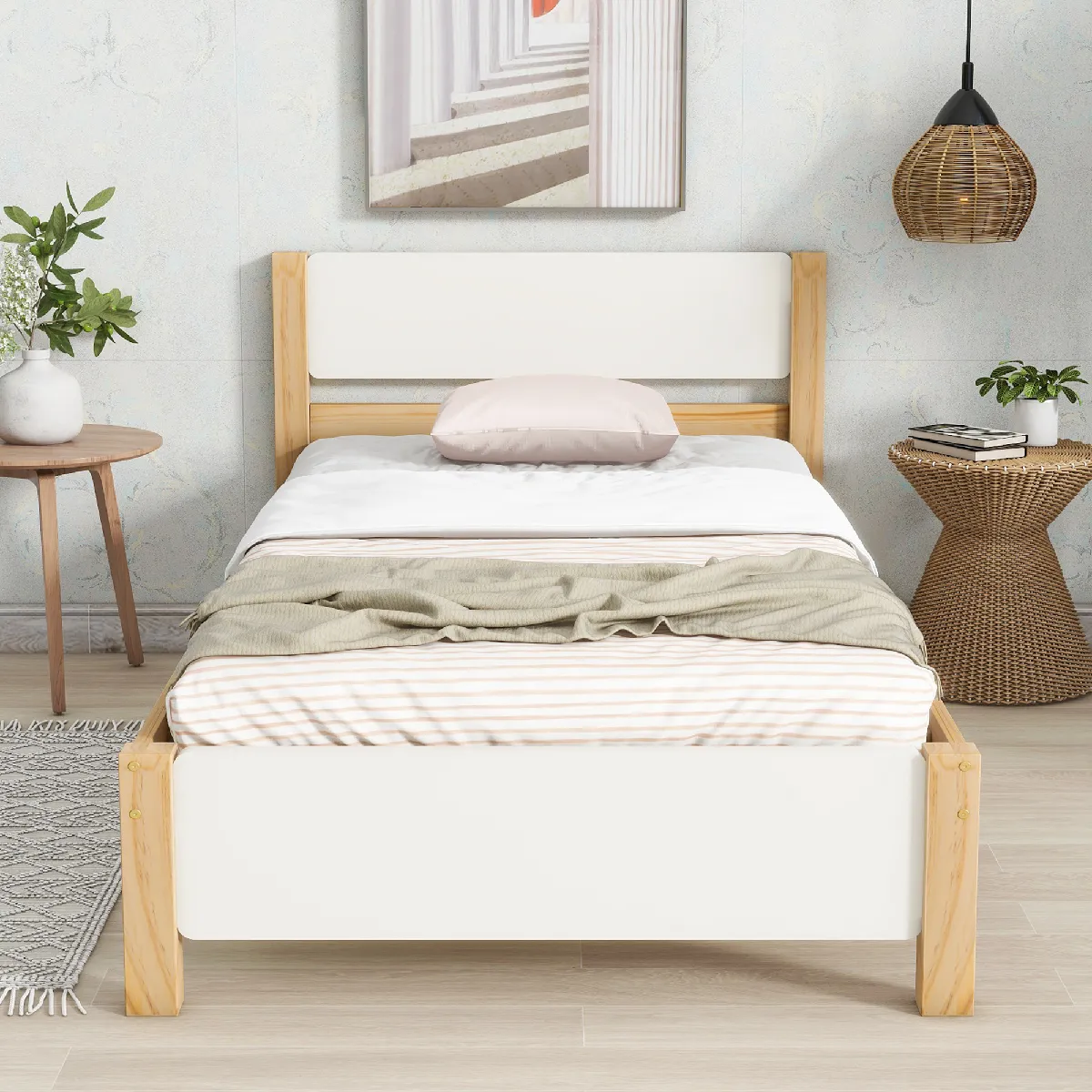 Lit Simple En Bois - 90 X 200 cm - Cadre En Pin Avec Pied Central - Tête Et Pied De Lit En Mdf - Blanc Et Naturel