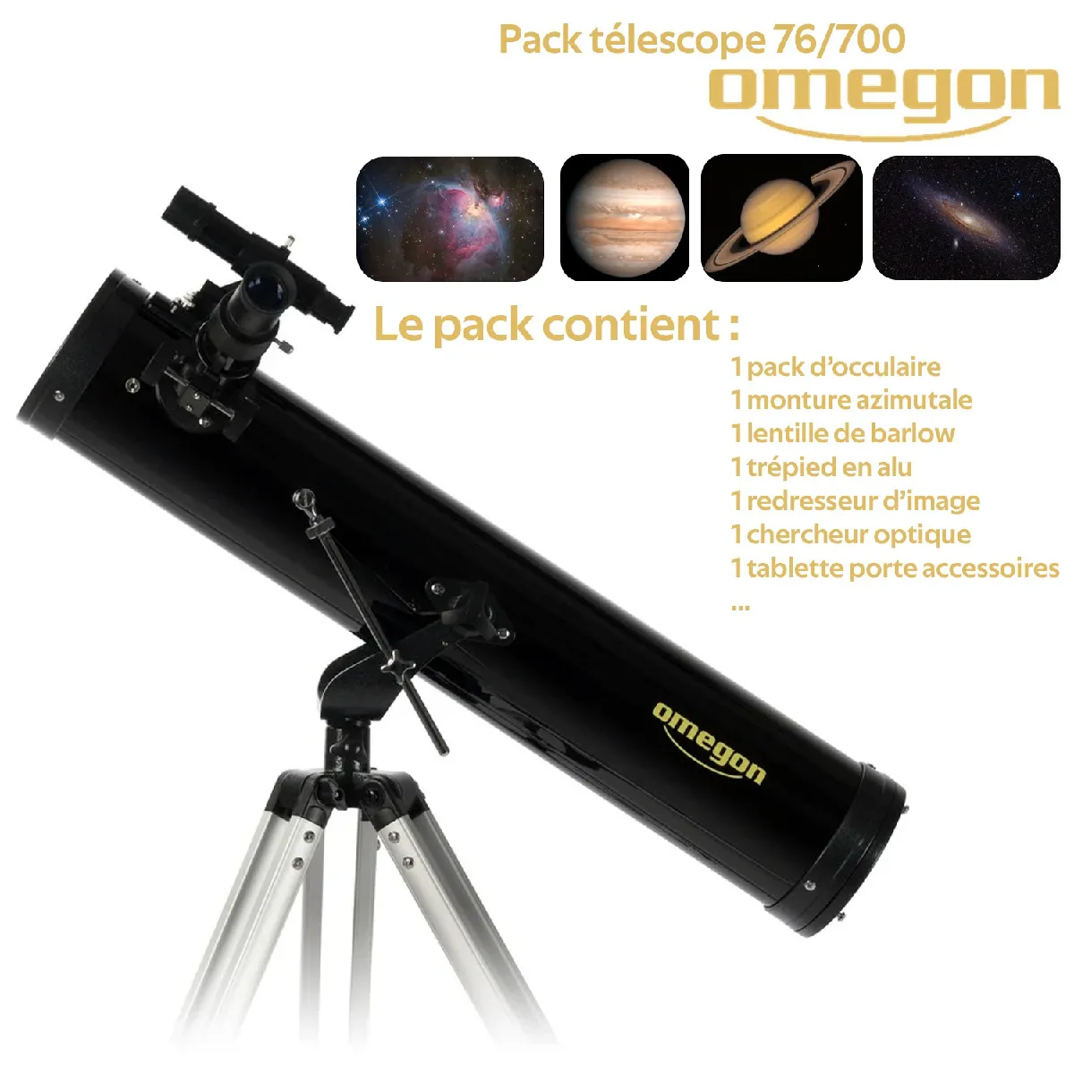 Télescope Omegon AC 76/700 AZ-1 + Monture azimutale + trépied alu + Occulaires 12,5mm / 20mm