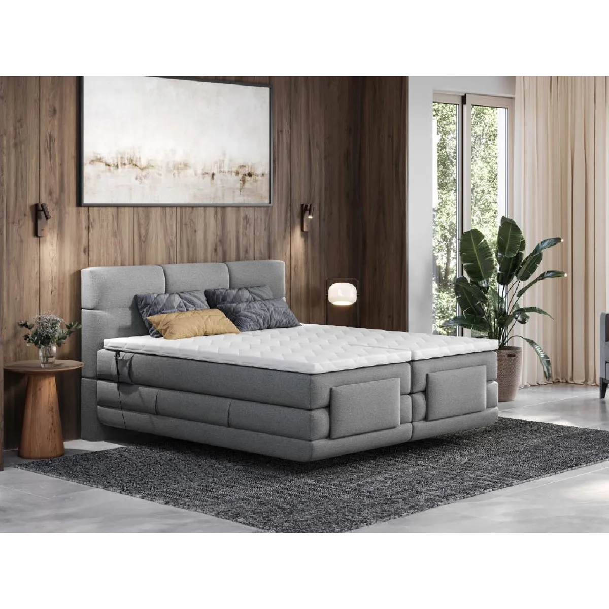 Ensemble complet boxspring tête de lit capitonnée + sommiers relaxation électrique + matelas + surmatelas - 2 x 80 x 200 cm - Tissu - Gris clair - LODI de PALACIO