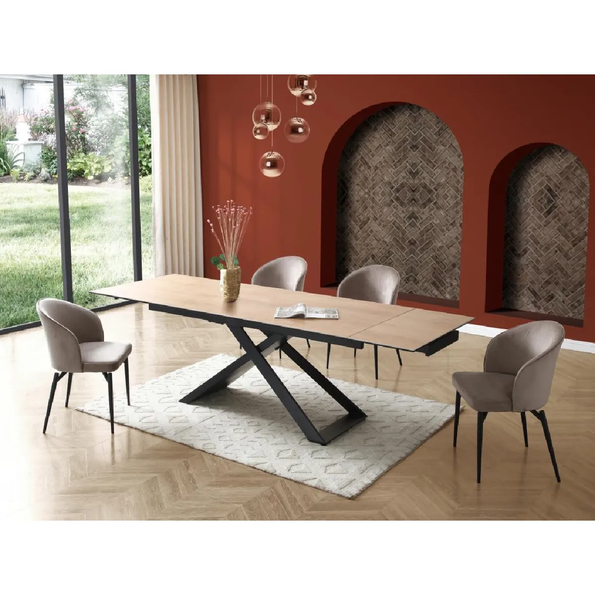 Table à manger extensible 6 à 10 personnes en céramique, verre trempé et métal - Naturel clair et Noir - XERENA de Maison Céphy