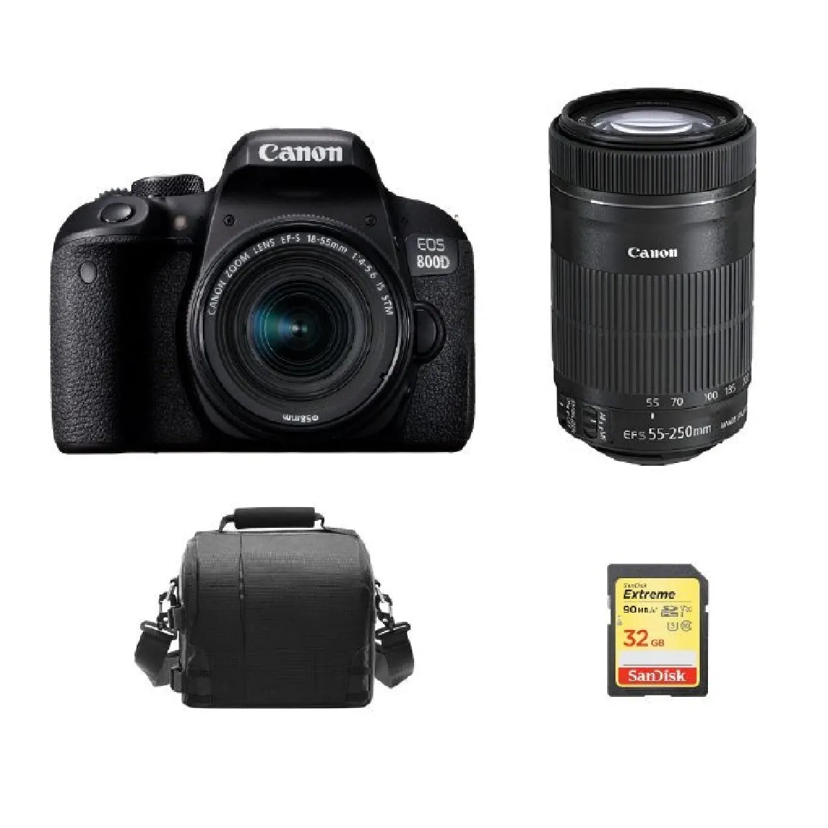 CANON EOS 800D KIT EF-S 18-55mm F4-5.6 IS STM+ EF-S 55-250mm F4-5.6 IS STM (White Box) + 32GB SD card + camera Bag