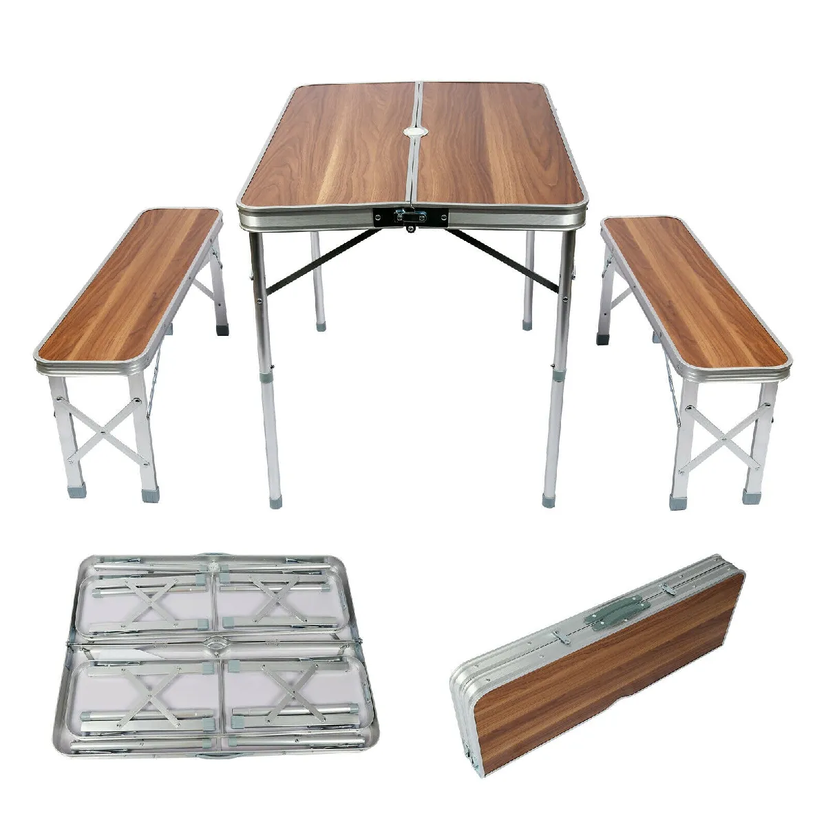 Table pliante valise aluminium 2 bancs table de camping finition 90 cm en bois fête barbecue 16_0002497