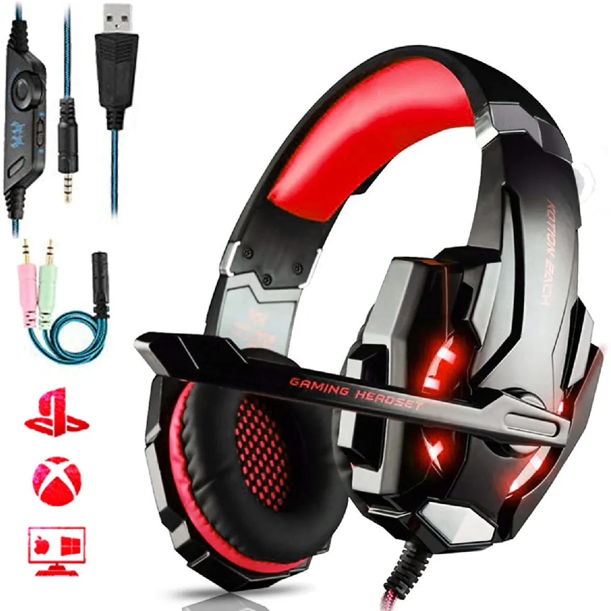 Micro Casque Gaming PS4, Casque Gaming Switch avec Micro Anti Bruit Casque Gamer Xbox One Filaire LED Lampe Stéréo Bass Microphone Réglable avec Micro 3.6mm Jack,Rouge