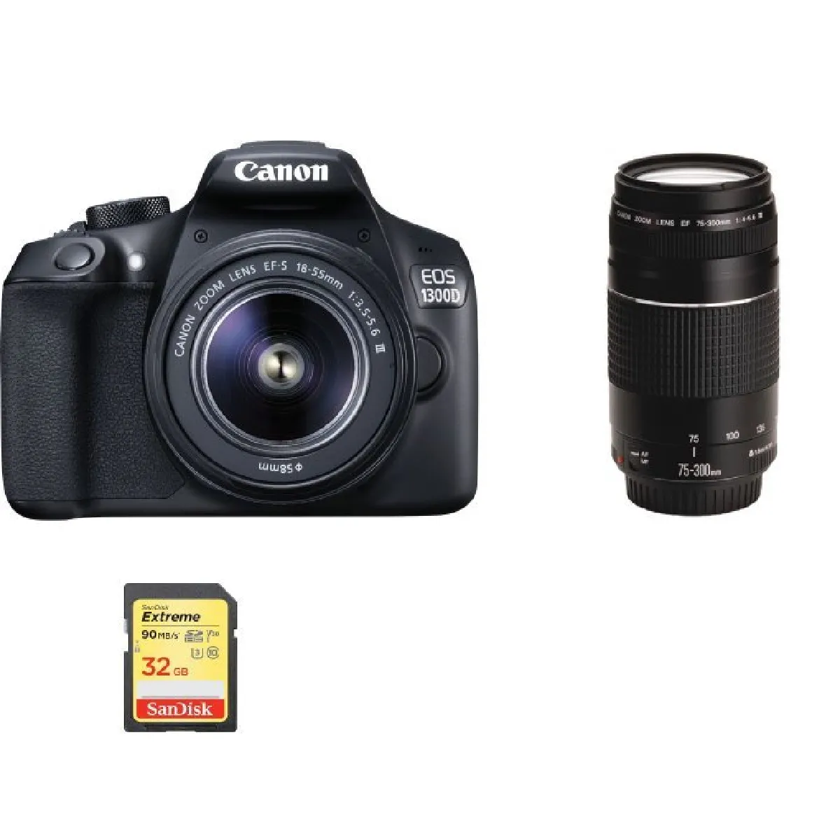 CANON EOS 1300D KIT EF-S 18-55mm F3.5-5.6 IS III + EF 75-300mm F4-5.6 III + 32G SD card