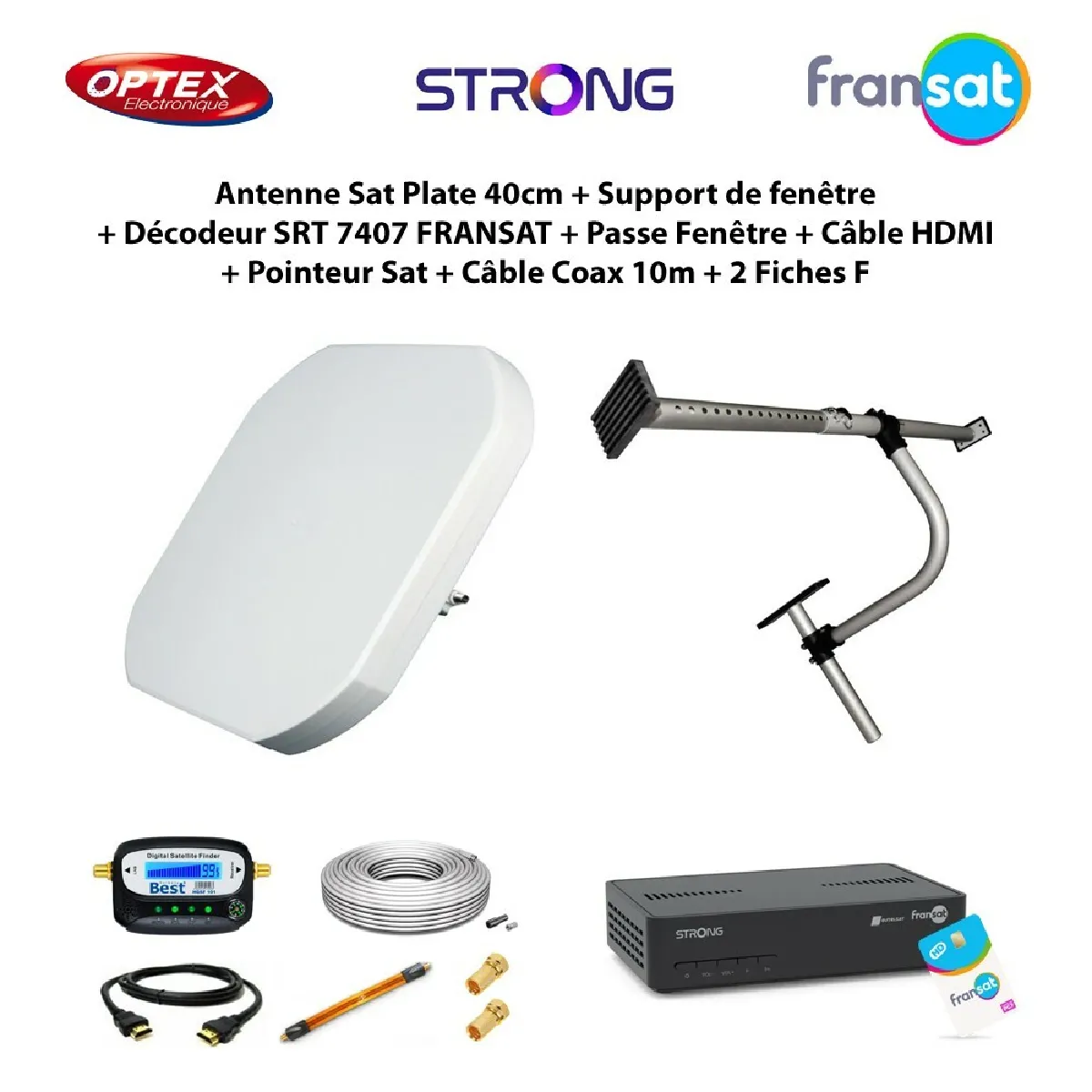 Antenne Sat Plate 40cm + Support de fenêtre + Décodeur SRT 7407 FRANSAT + Passe Fenêtre + Câble HDMI + Pointeur Sat + Câble Coax 10m