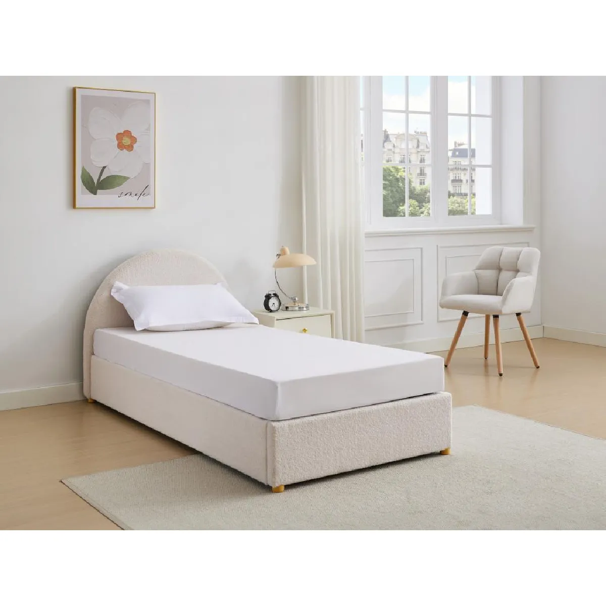 Lit coffre 90 x 190 cm - Tissu bouclette - Crème - LIRIMO