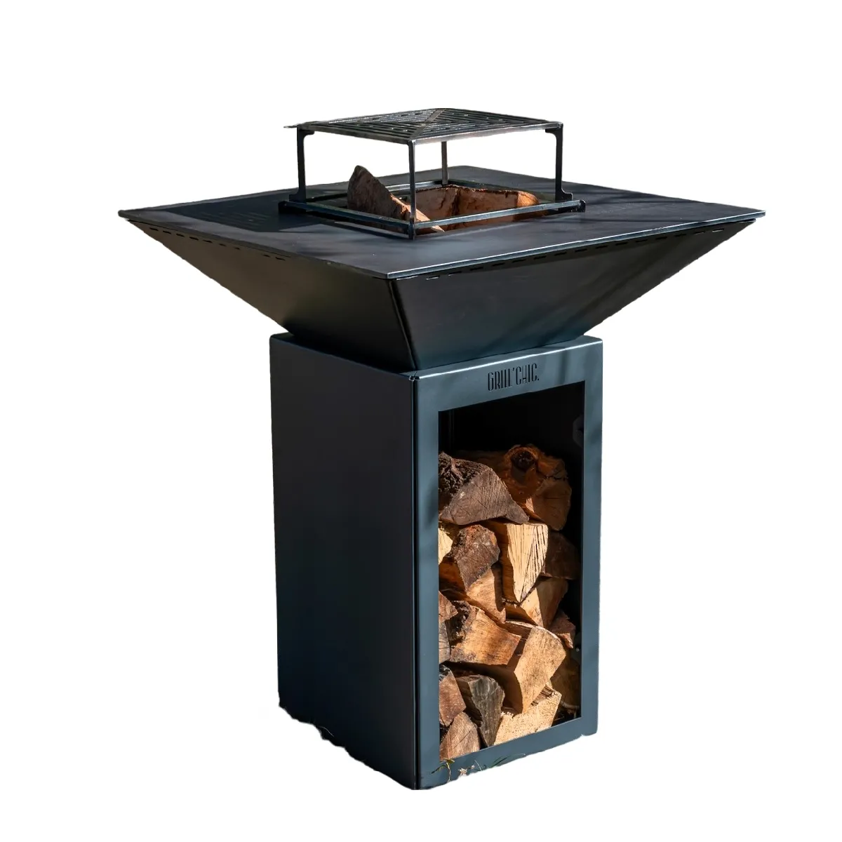 PACK PRINTEMPS Braséro barbecue Le Cévenol 74x74x90 cm à DOUBLE CUVE avec range-bois alu gris anthracite