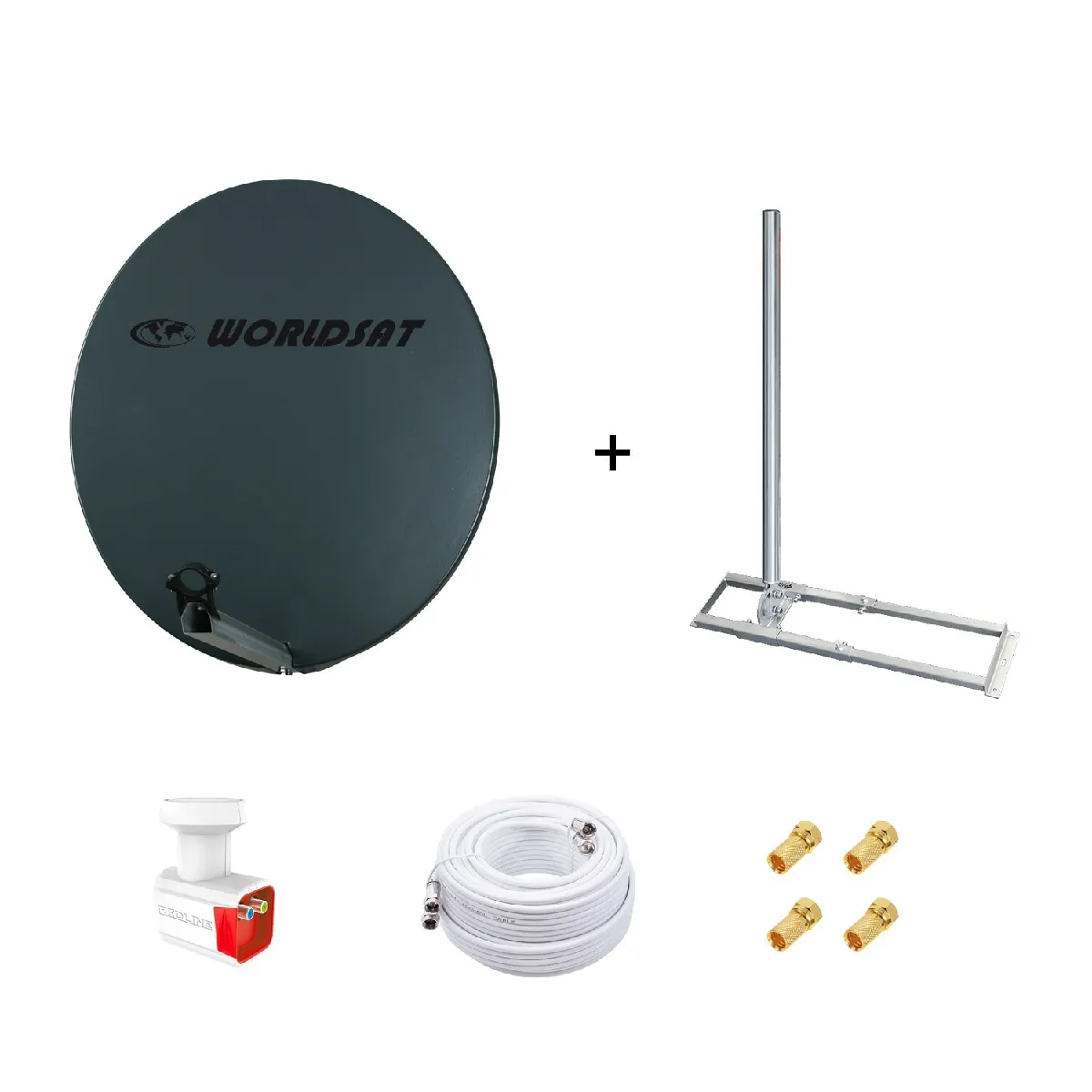 Kit Antenne Parabole Fibre 85 cm Anthracite + Support de Chevron Toit 1m + LNB Twin HD 4K + Câble Coax 25m Twin + 4 Fiches F Or