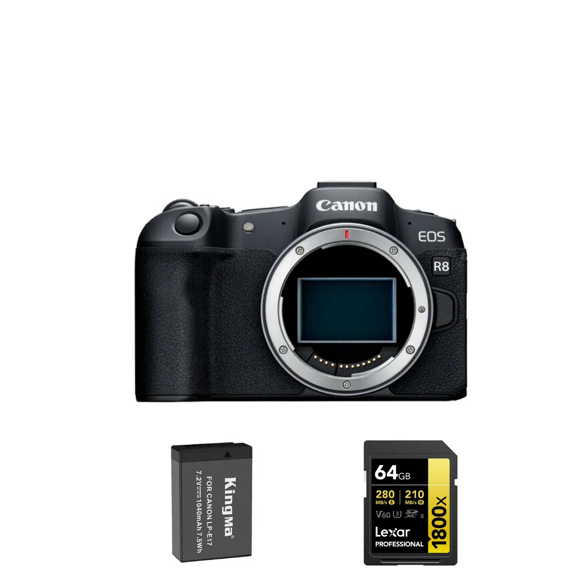 CANON EOS R8 body+Kingma 1040mAh Battery (Canon LP-E17)+Lexar 64GB Professional 1800x UHS-II SDXC Memory Card