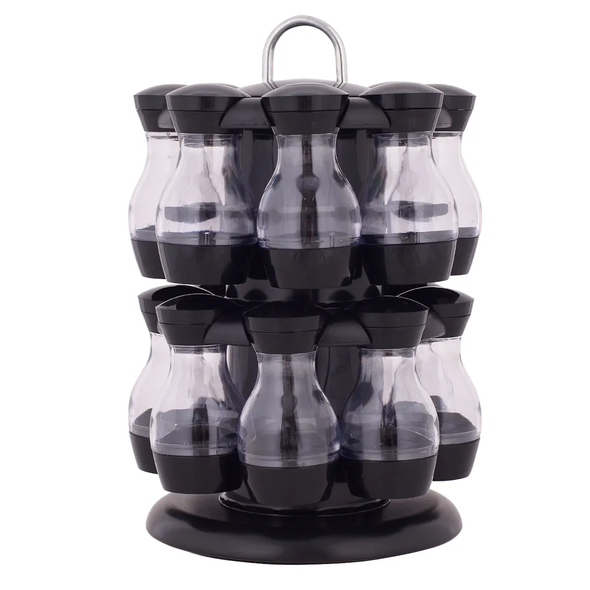 Étagère à épices 2 niveaux carrousel à épices de cuisine 16 pots en plastique transparent, 19x28cm (dxh), noir 20_0007335