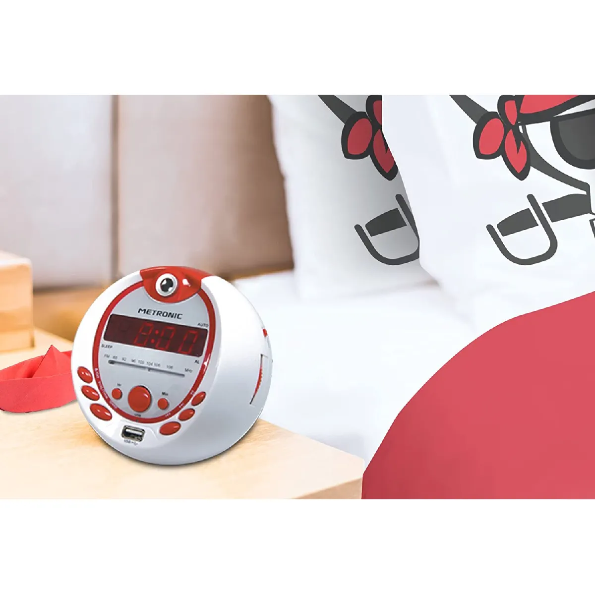 radio Réveil Enfant Pirate FM USB avec projection de l'heure et alarme rouge blanc