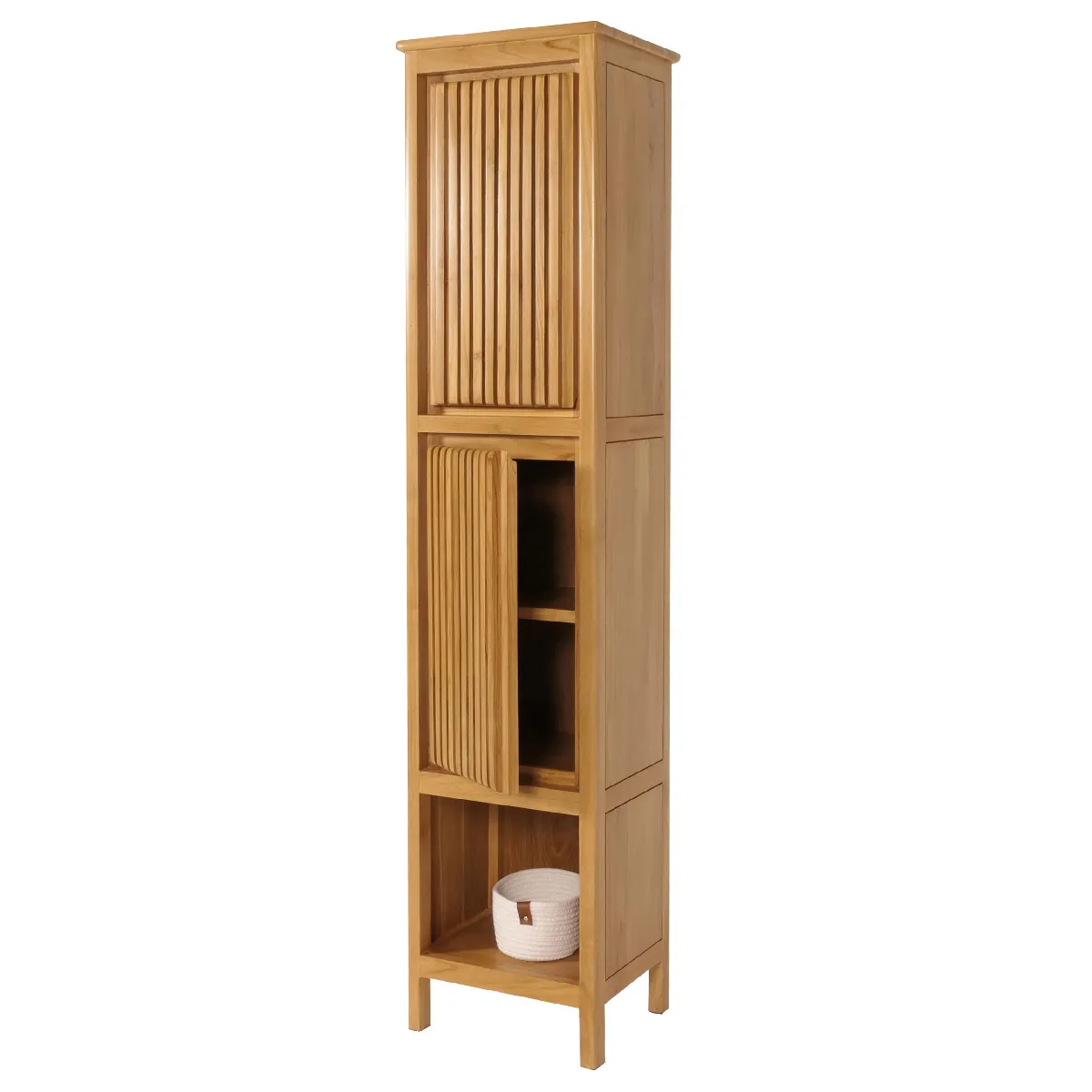 Armoire haute en teck HWC-M70, armoire de salle de bain, 2 portes 5 compartiments, teck de qualité B-Grade (bois de cœur, 20-30 ans) 181x41x35cm