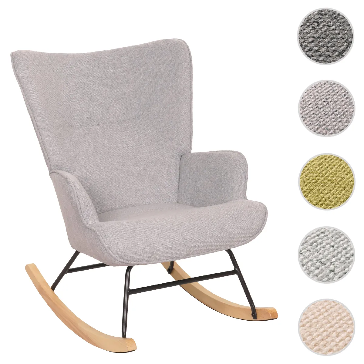 Fauteuil à bascule HWC-N14, Fauteuil relax à bascule Fauteuil TV, bois massif métal tissu/textile 320g/m² ~ gris clair