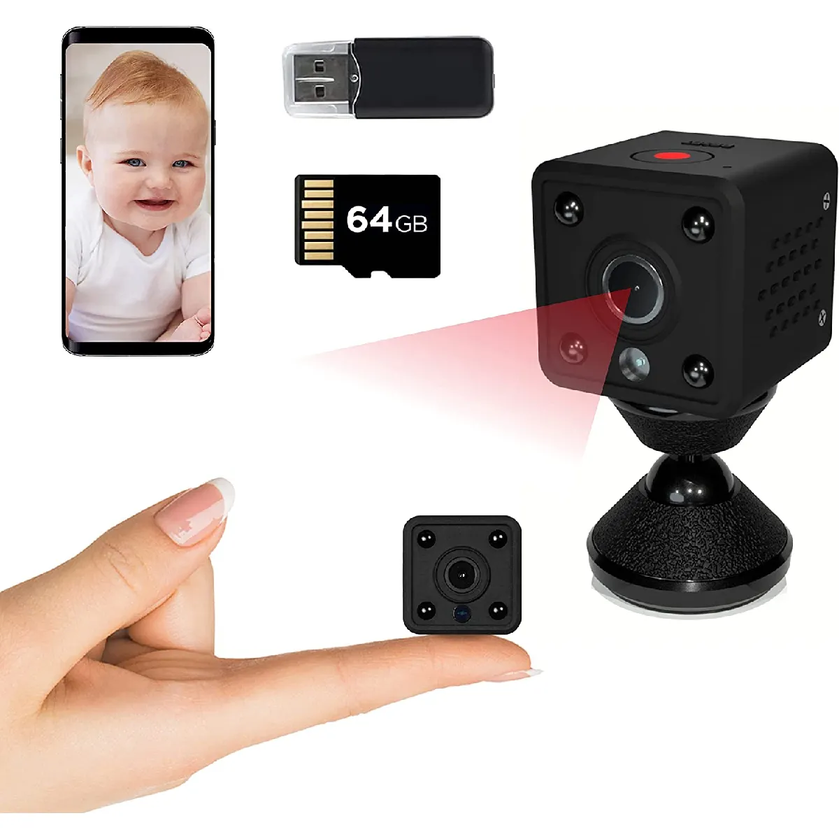 Mini Camera Espion Wifi Carte 64 Gb Incluse Caméra De Surveillance Sans Fil Spy Cam Avec Détection De Mouvement Et Vision Nocturne Micro Camera Espion Enregistreur Vidéo En Temps Réel