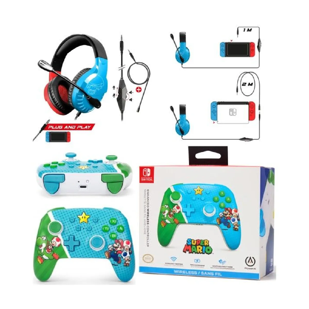 CASQUE PC NINTENDO SWITCH ROUGE ET BLEU + Manette sans fil Bluetooth Améliorée Switch-Mario Super Star Friends