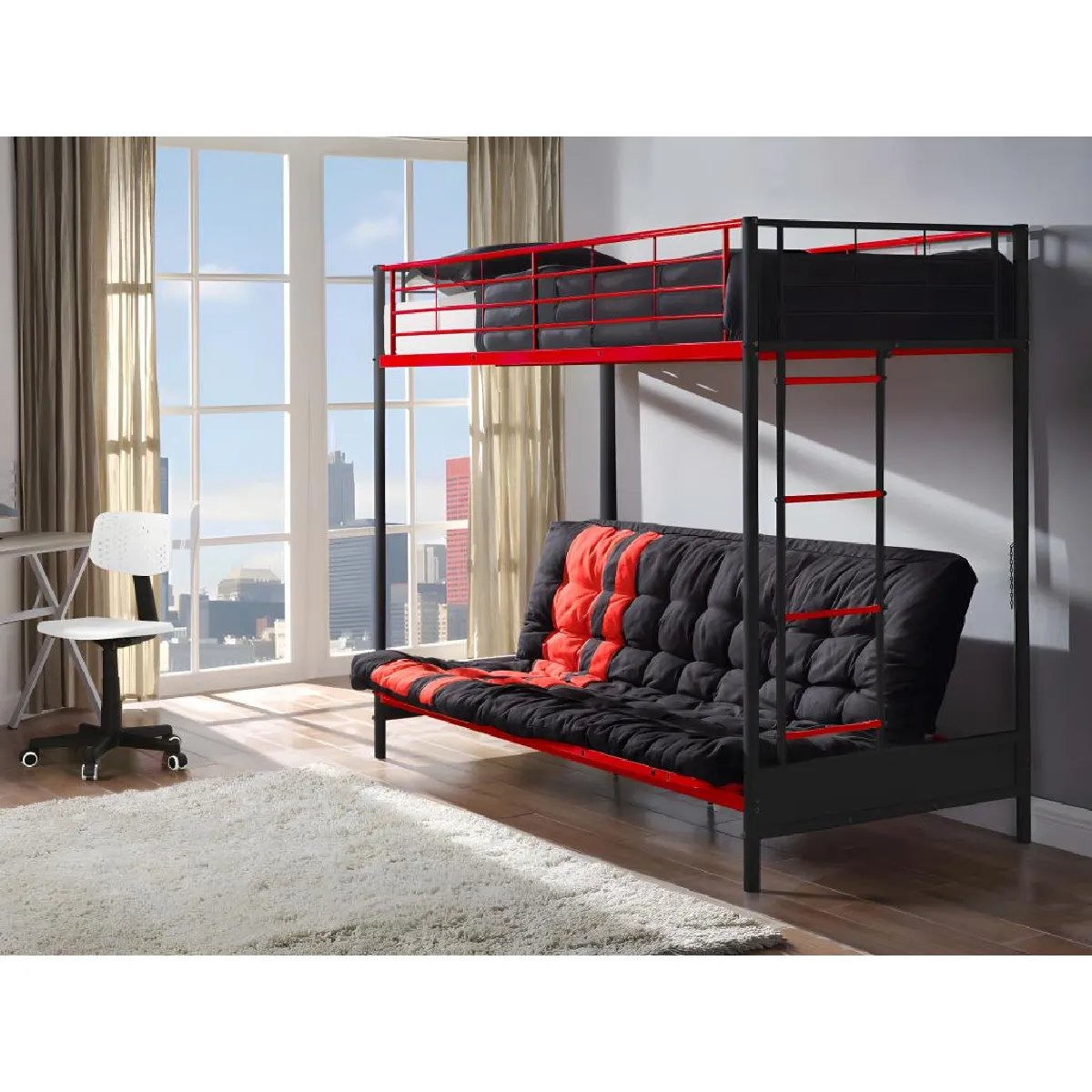 Lit mezzanine 90 x 190 cm - Avec banquette convertible - Métal - Noir et rouge + Futon - MODULO V