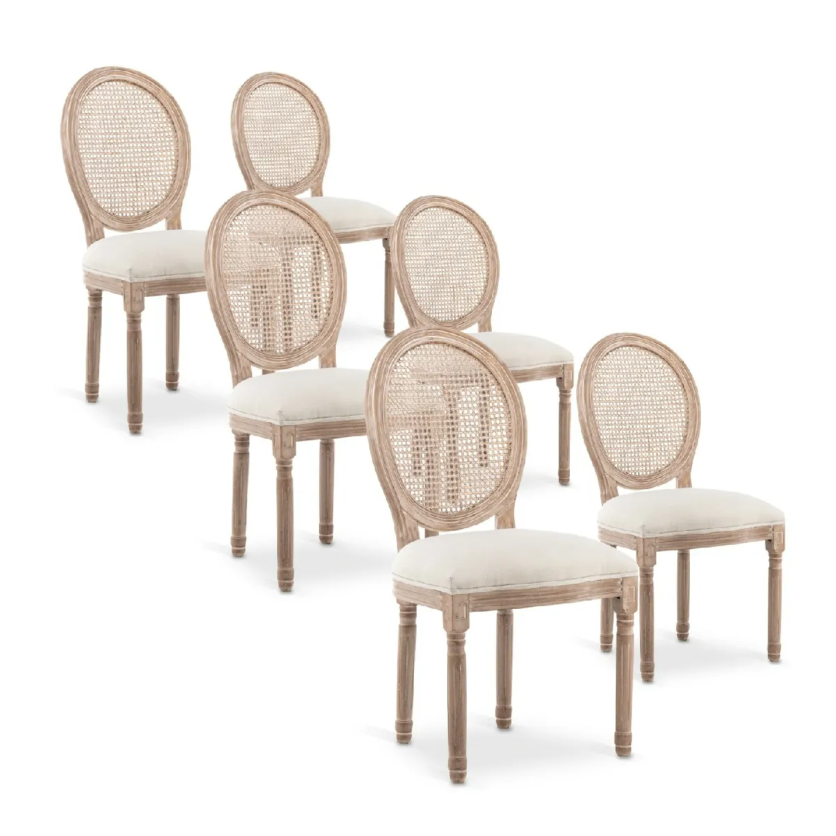 Lot de 6 chaises médaillon Louis XVI Cannage Rotin tissu Beige