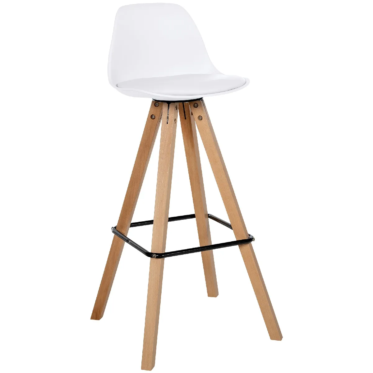 Tabouret de bar chaise haute x1 repose-pieds style scandinave en plastique et PVC blanc structure en bois clair carré 10_0004626