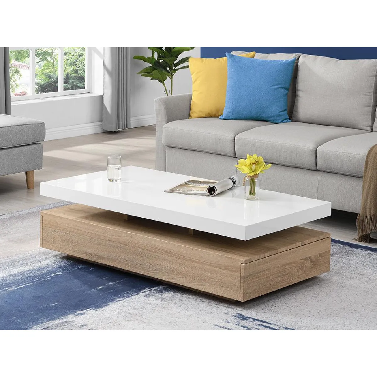 Table basse avec 2 tiroirs en MDF - Naturel clair et blanc - FELIX