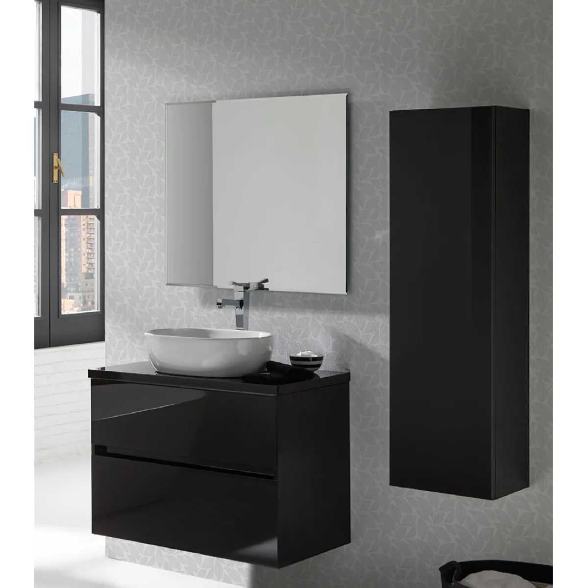 Ensemble de salle de bain coloris noir avec vasque à poser + miroir + colonne - Longueur meuble 100 x Profondeur 46 x Hauteur 56 cm