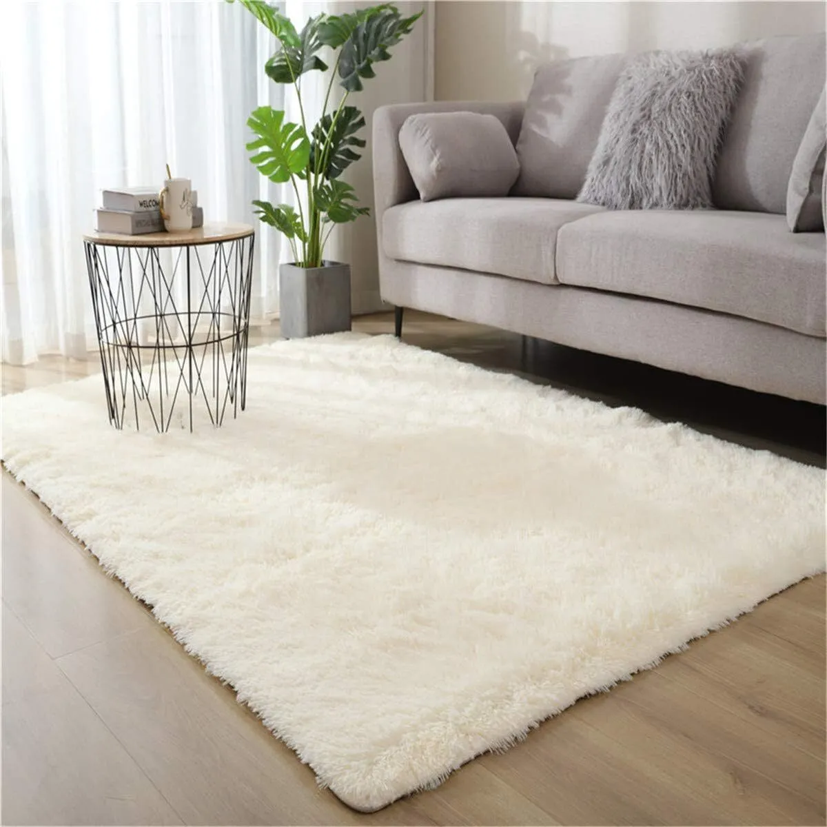 Tapis Salon Carré Shaggy Moderne Beige 140x200cm