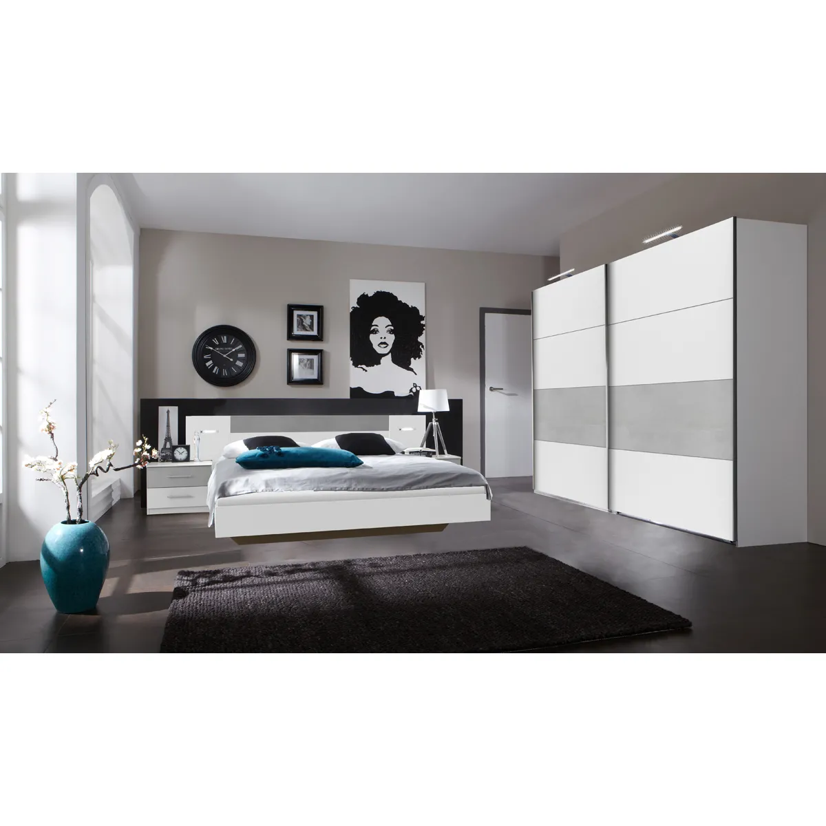 Ensemble chambre adulte Lit futon avec éclairage en Blanc, rechampis teinte béton gris clair - 180 x 200 cm