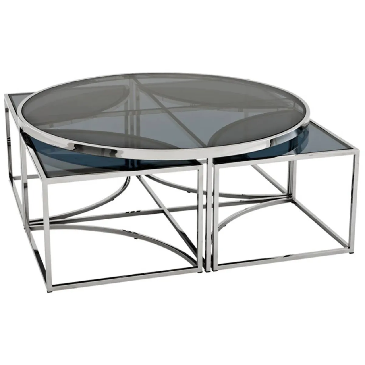 Table basse design plateau en verre avec piètement en acier inoxydable argenté collection ELENA L. 100 x P. 100 x H. 45 cm