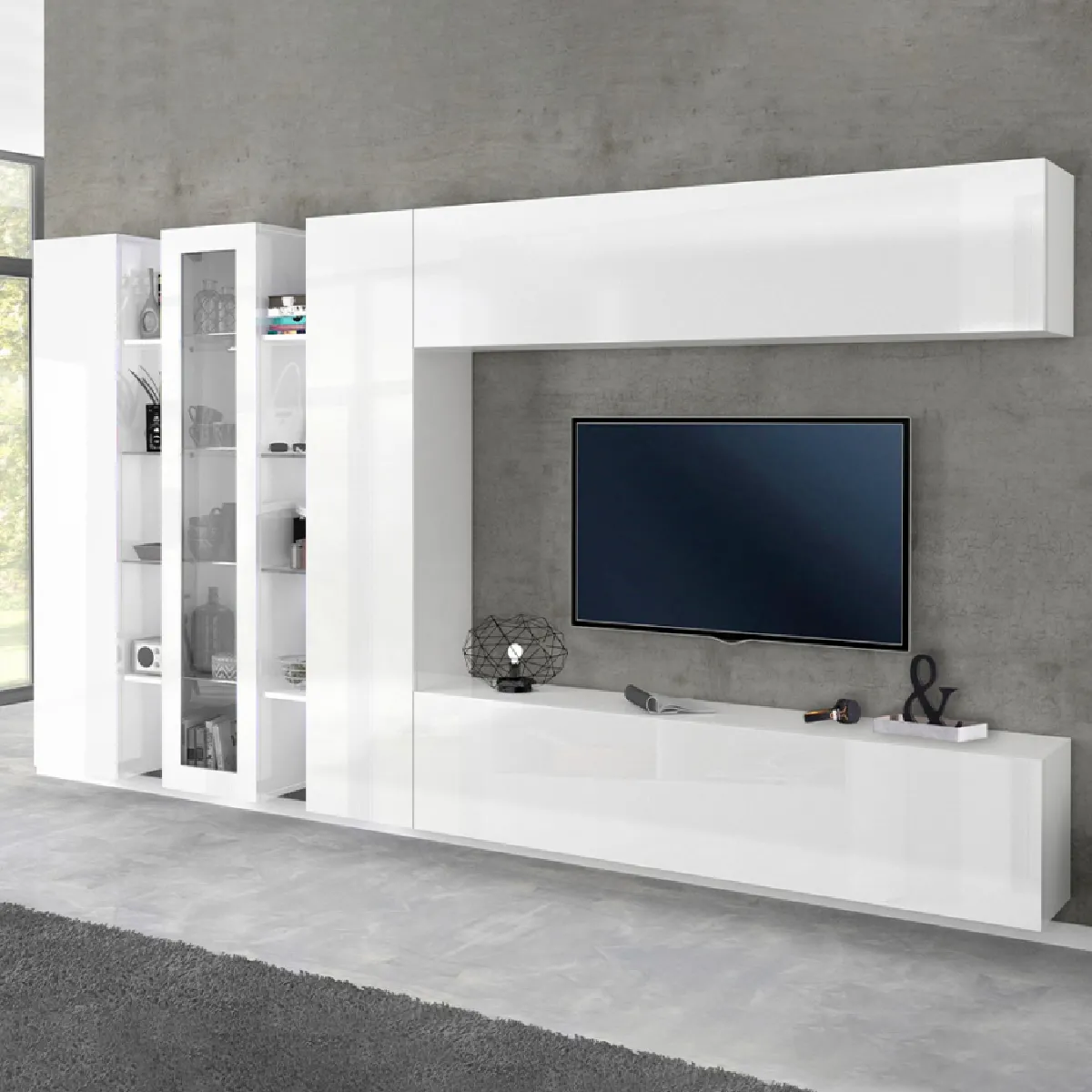 Composition Murale Blanc Brillant Meuble TV Vitrine 2 Colonnes Unité Murale Joy Wide