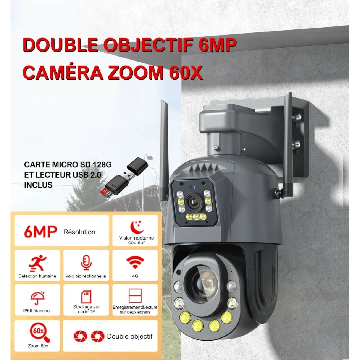 Caméra de Surveillance Sécurité Extérieure PTZ Double Objectif IP HD 6MP 4G Sans Fil Zoom 60X App + Carte Micro SD 128G + Lecteur