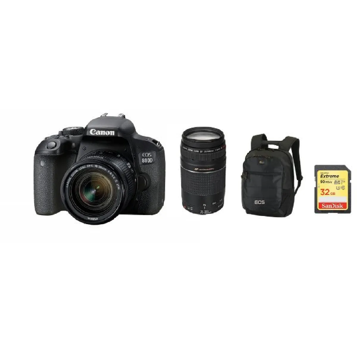 CANON EOS 800D KIT EF-S 18-55mm F4-5.6 IS STM+ EF 75-300mm F4-5.6 III + Backpack Black + 32GB SD card