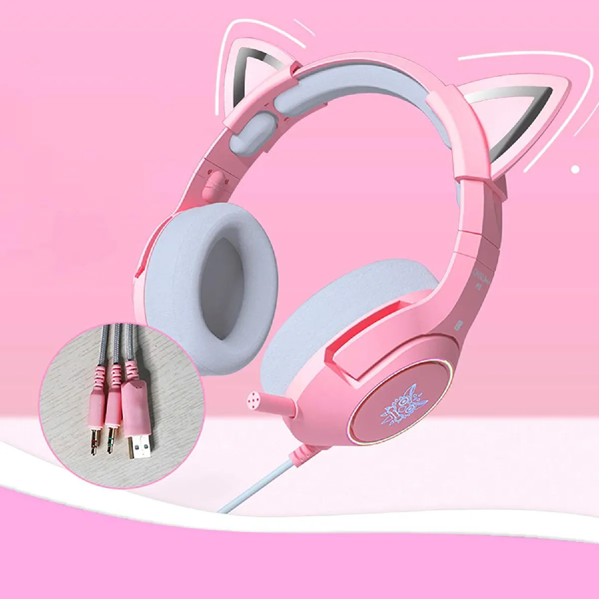 Casque de Jeu Oreille de Chat Rose,Casque de Jeu Filaire avec Microphone et lumière RVB Casque Amovible Oreille de Chat 7.1 Casque stéréo, adapté pour PC/Ordinateur Portable/Ipad/Smartphone-Rose