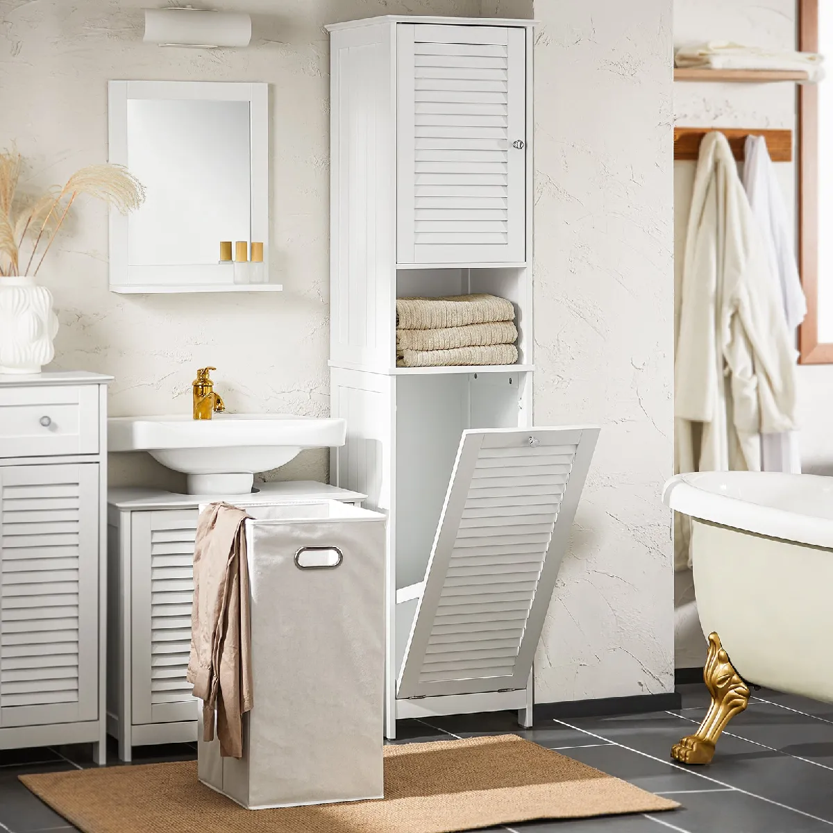 SoBuy BZR124-W Meuble Colonne de Salle de Bain, Placard Armoire Toilette Haute, avec 1 Porte, 1 Tiroir et 1 Panier à Linge Amovible