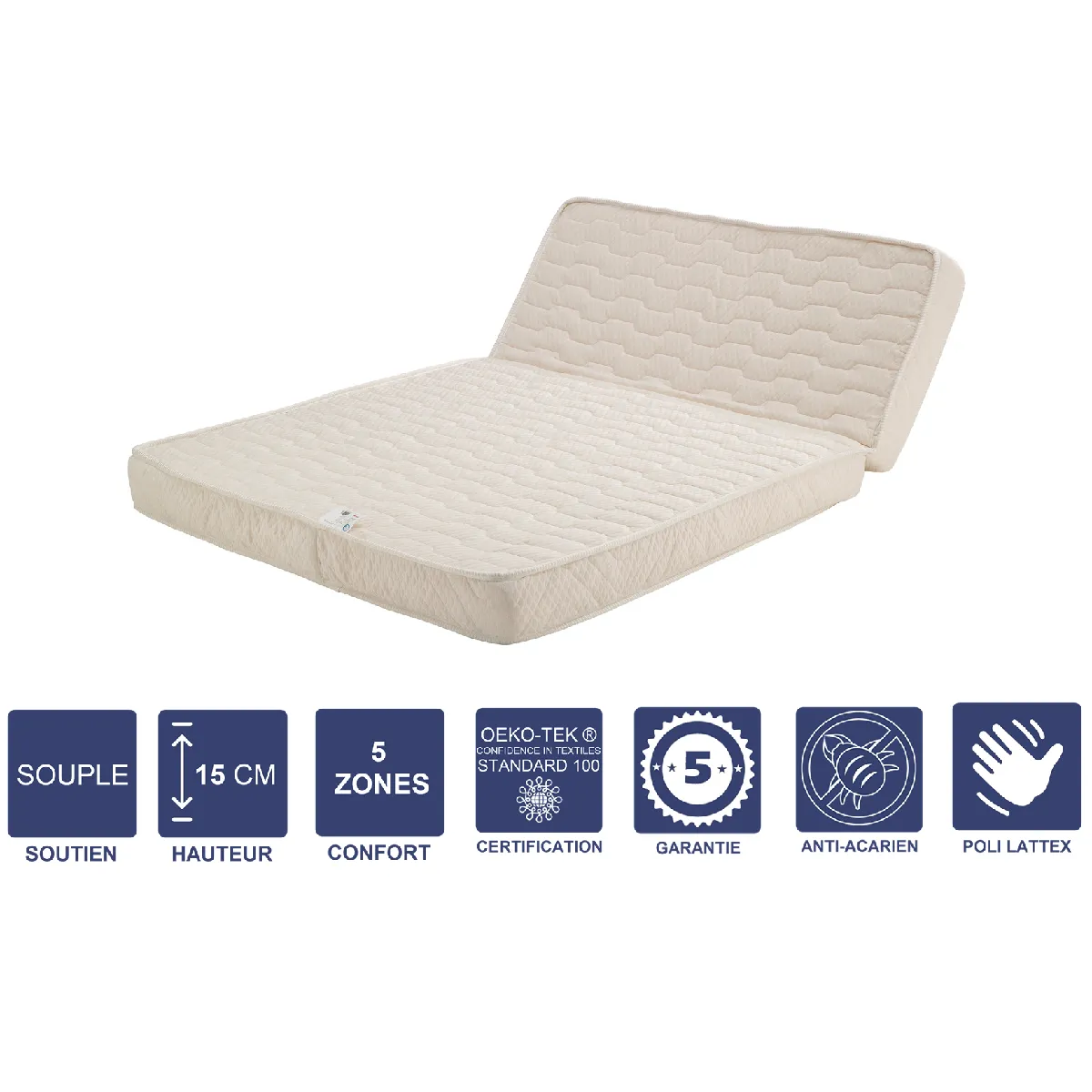 Matelas Souple Pour tous BZ 140x190 x 15 cm + Latex Naturel sur Face Hiver - Dim Assise 60 cm - 5 zones de Confort - Face été et Ame Poli Lattex Haute Résilience - Hypoallergénique