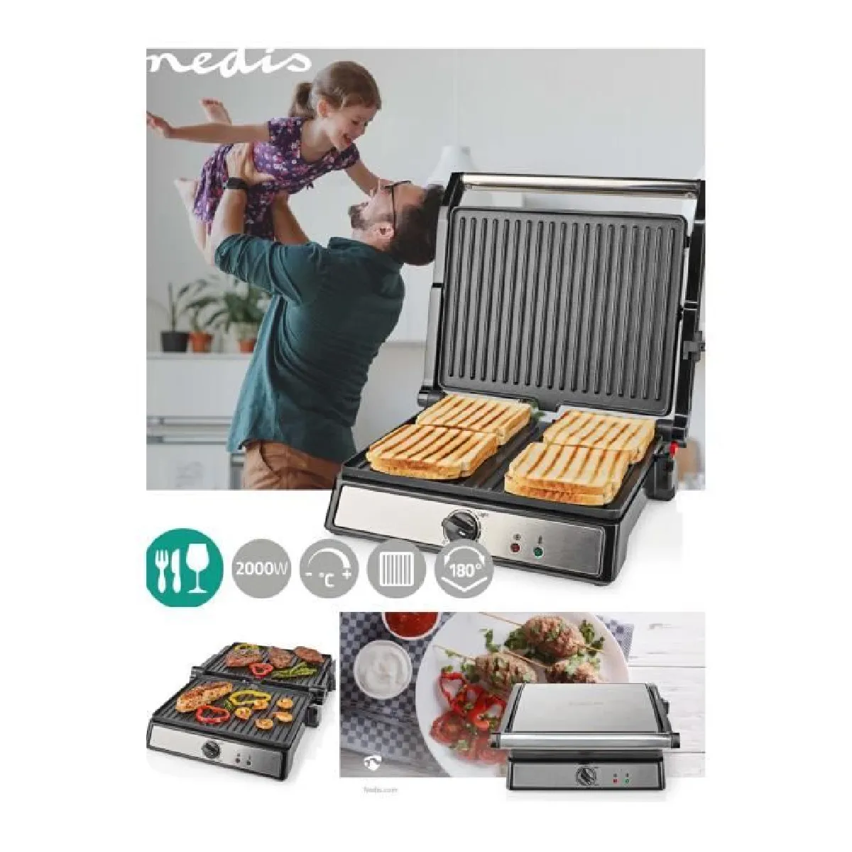 APPAREIL Grill Viande / Panini / Poissons Bac re´cupe´rateur de graisse Plaque anti-adhe´sive 2000W Haute qualité