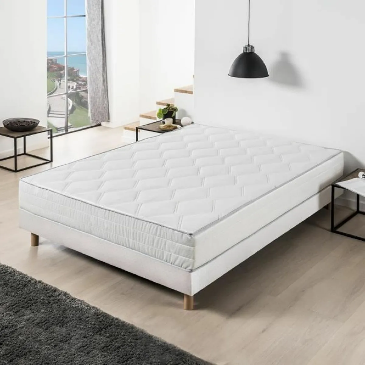 Ensemble Matelas ressorts + Sommier tapissier 140 x 190 cm - Confort équilibré - Epaisseur 23 cm - Galon gris