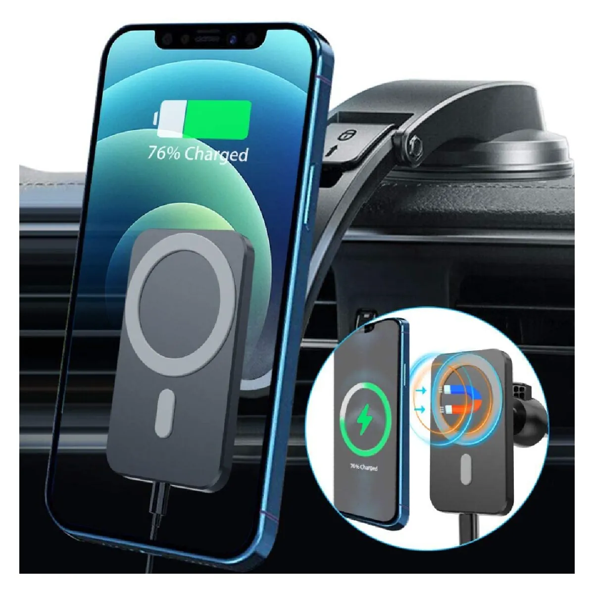 Chargeur de voiture magnétique sans fil 15W pour iPhone 12/12 Pro/12 Pro Max/12 Mini/étui Mag-Safe, support de téléphone de voiture à chargement rapide Qi, support de voiture pour évent de tableau de bord pour iPhone 12 (compatible avec étui magnétique) (