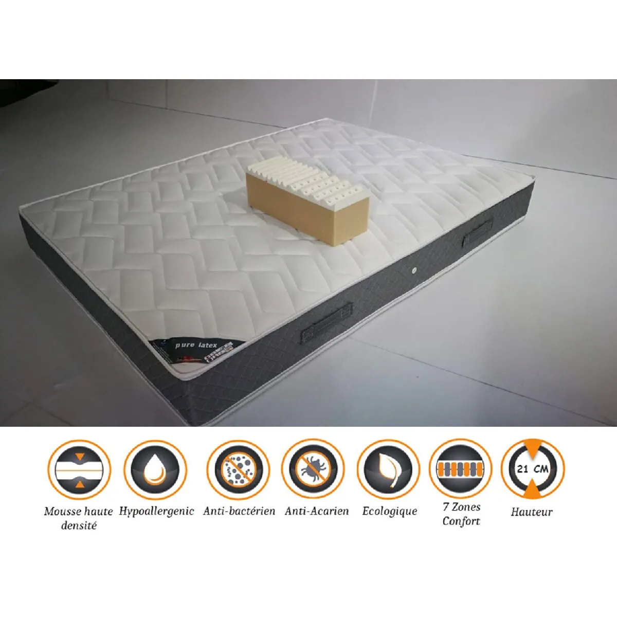 Matelas Latex 75 Kg/m3 + Mousse 35 Kg/m3 HR 160x200 x 21 cm + Oreiller Visco + Alèse Accueil Moelleux Soutien Ferme - 7 Zones de Confort