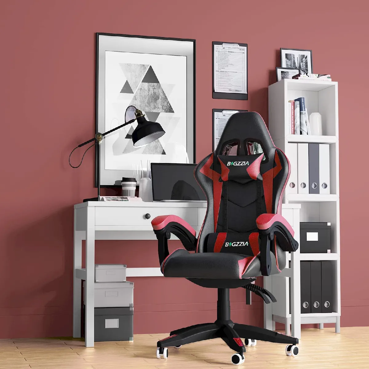 Chaise de Gaming Ergonomique, Fauteuil gamer, Dossier Inclinable à 155, avec Lombaire&Appui-Tête Appui, chaise gamer, PU Cuir Chaise Bureau, fauteuil gamer, chaise bureau gaming, Noir Rouge