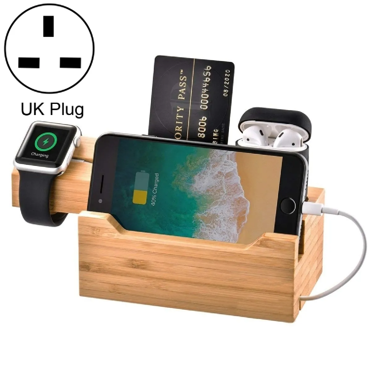 Chargeur Base de gestion charge en bambou multi-fonction avec 3 ports USB, pour Apple Watch, AirPods, iPhone, UK Plug