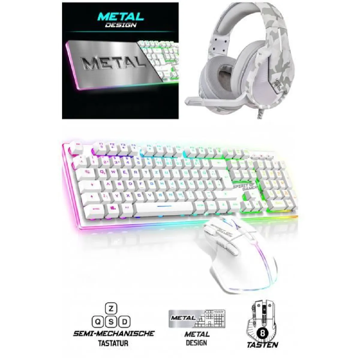 CASQUE GAMER BLANC Switch PC PS4 PS5 + CLAVIER semi mécanique sans fil Blanc RGB PRO + Souris sans fil RGB