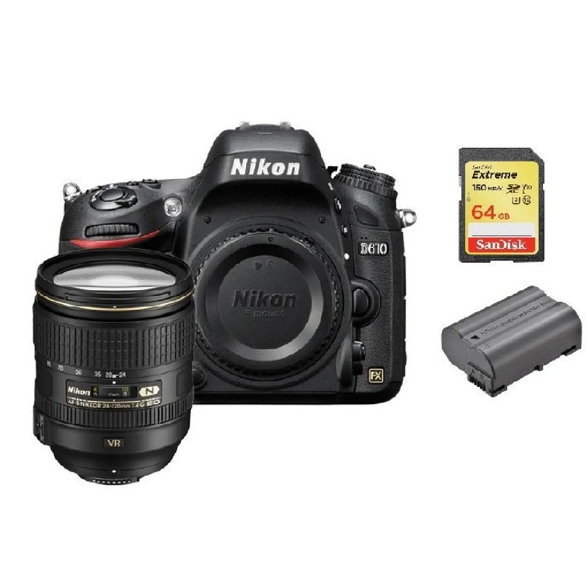 NIKON D610 + AF-S 24-120MM F4G ED VR + 64GB SD card + EN-EL15B Battery