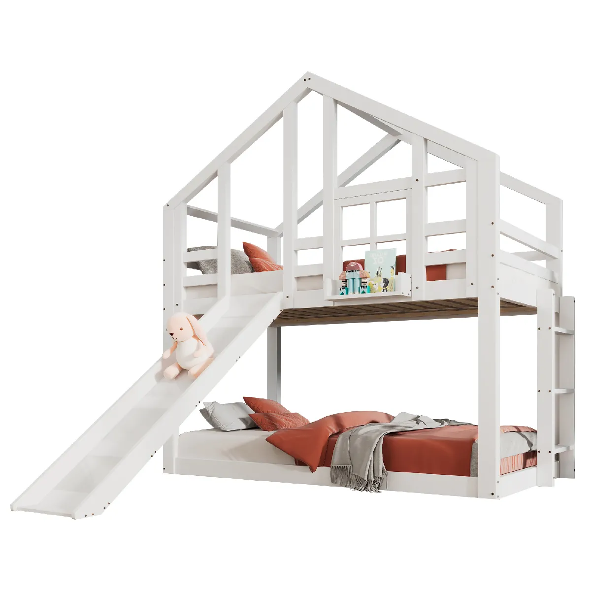 Lit enfant maison avec toboggan et échelle 90 x 200 cm, lit mezzanine avec barrières, blanc