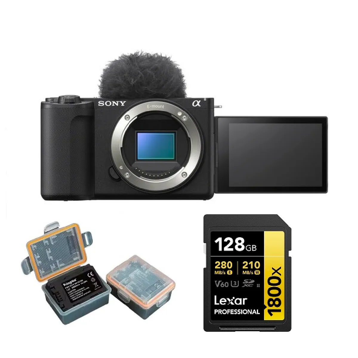 Sony ZV-E10 II Mirrorless Camera (Noir)+Kingma 2000mAh Battery (Sony NP-FZ100)+Lexar 128GB Professional 1800x UHS-II SDXC Memory Card