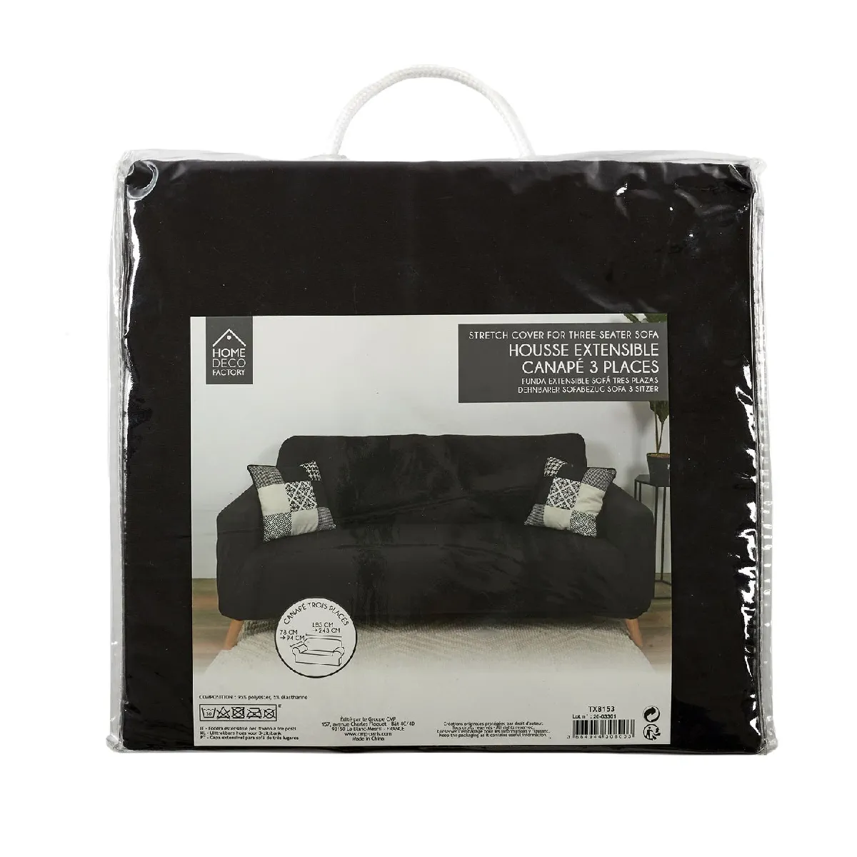 Housse extensible pour canapé 3 places - Noir - 230 x 85 cm